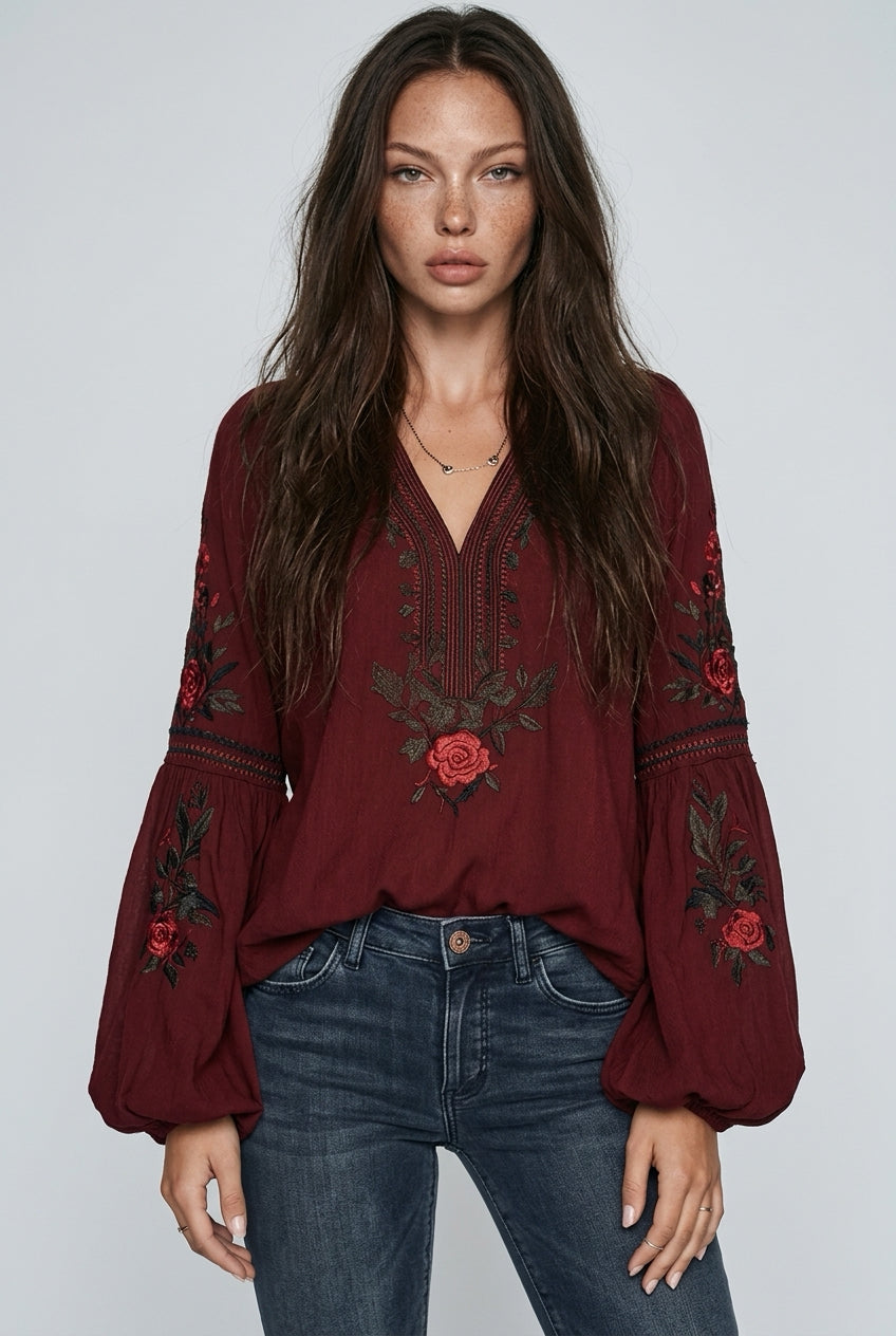 Blusa Boho Bordado Floral oversized