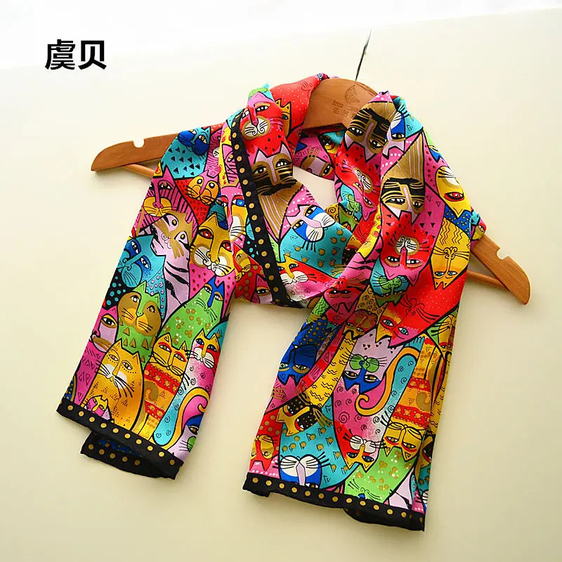 Lenço longo de seda feminino, cachecol colorido com proteção solar macio e fino com estampa em seda natural, foulard feminino, presente para mulheres