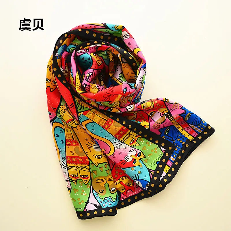 Lenço longo de seda feminino, cachecol colorido com proteção solar macio e fino com estampa em seda natural, foulard feminino, presente para mulheres