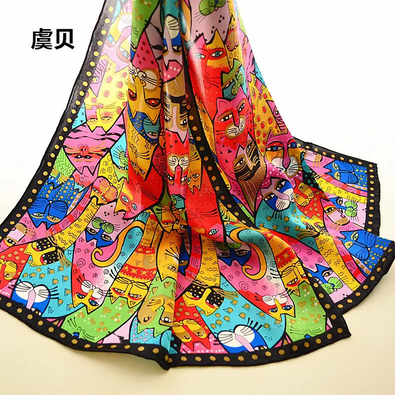 Lenço longo de seda feminino, cachecol colorido com proteção solar macio e fino com estampa em seda natural, foulard feminino, presente para mulheres