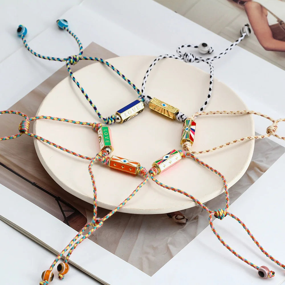 Lucky eye colorido fio corda trançada charme pulseira ajustável cobre turco mau olhado pulseira para mulheres meninas jóias be374