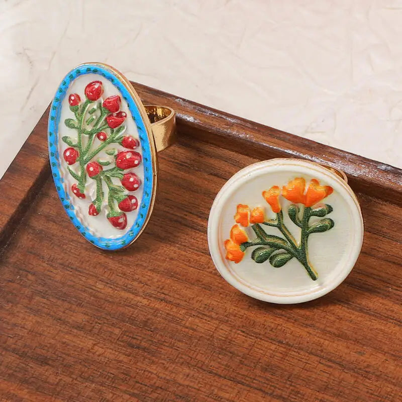 Anéis Ajustáveis de Estilo Francês Retro com Estampa Geométrica de Flores para Mulheres, Joias Artísticas Personalizadas