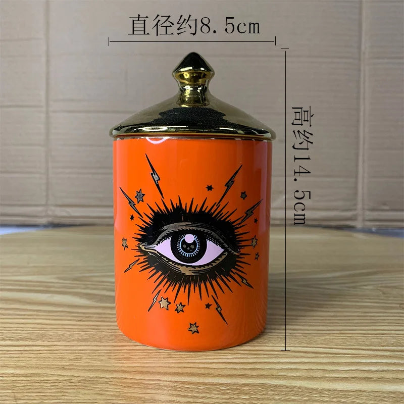 Copo de café cerâmico do olho abstrato com tampa, talheres, aromaterapia, vela, garrafa dos doces, criativo, decoração home