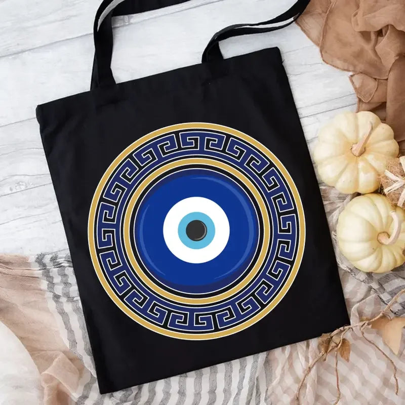 Bolsa tote de lona com mau olhado, bolsa de ombro estética vintage para mulheres, estudantes, grande capacidade, bolsa para livro, ecológica
