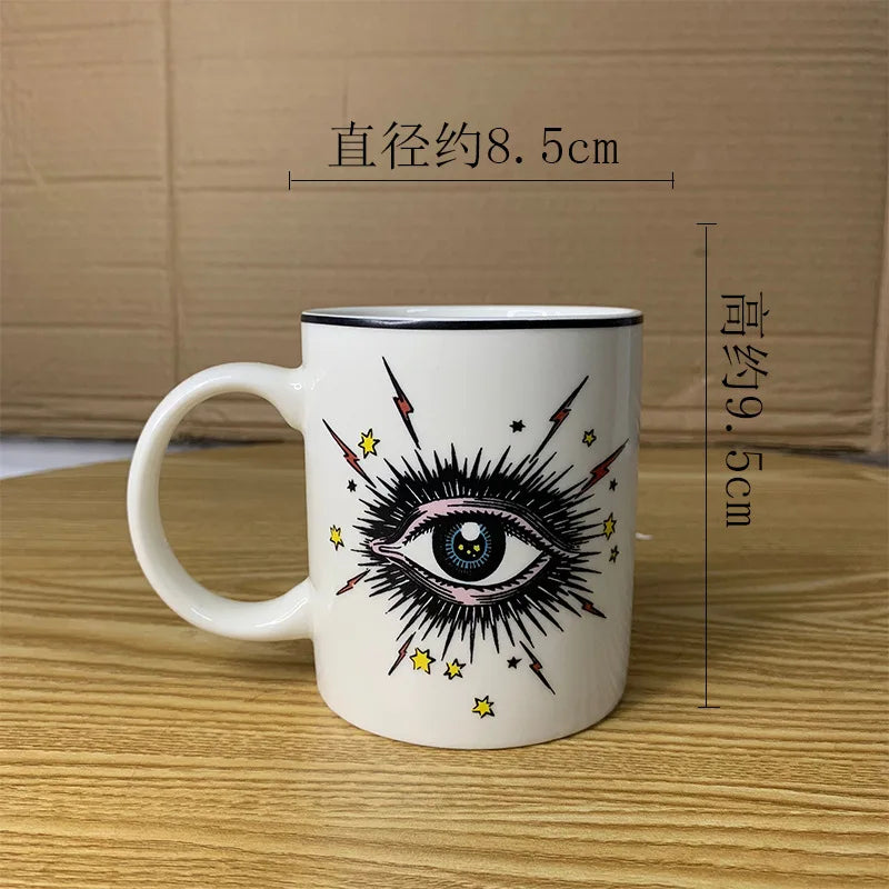 Copo de café cerâmico do olho abstrato com tampa, talheres, aromaterapia, vela, garrafa dos doces, criativo, decoração home