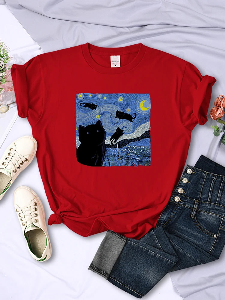The Starry Cat Night Mulheres Camisetas Moda Respirável Legal Manga Curta Rua Hip Hop Tops Casual All-matemática Roupas Tee Feminino