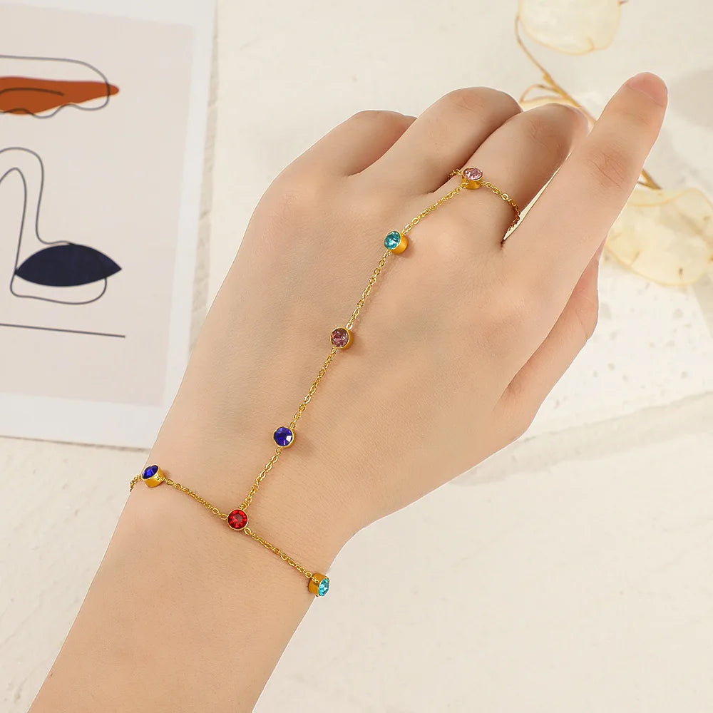 Colorido diamante dedo cadeia set para mulheres, geométrica aço inoxidável jóias, festa de casamento