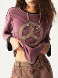 Moletom Vintage com Estampa de Símbolo da Paz, Manga Longa, Ajuste Solto, Top Casual para Outono e Inverno Feminino