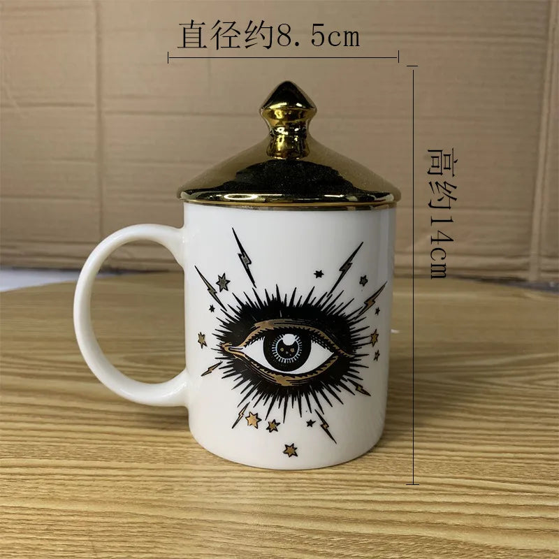Copo de café cerâmico do olho abstrato com tampa, talheres, aromaterapia, vela, garrafa dos doces, criativo, decoração home