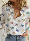Camisa Elegante Feminina com Estampa de Borboleta e Manga Longa |   Blusa Casual com Botões Frontais, Design Elegante, Barra Larga, Abotoamento Simples