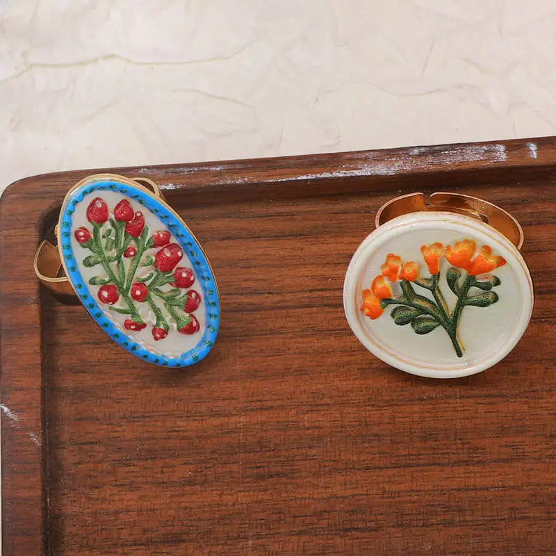 Anéis Ajustáveis de Estilo Francês Retro com Estampa Geométrica de Flores para Mulheres, Joias Artísticas Personalizadas