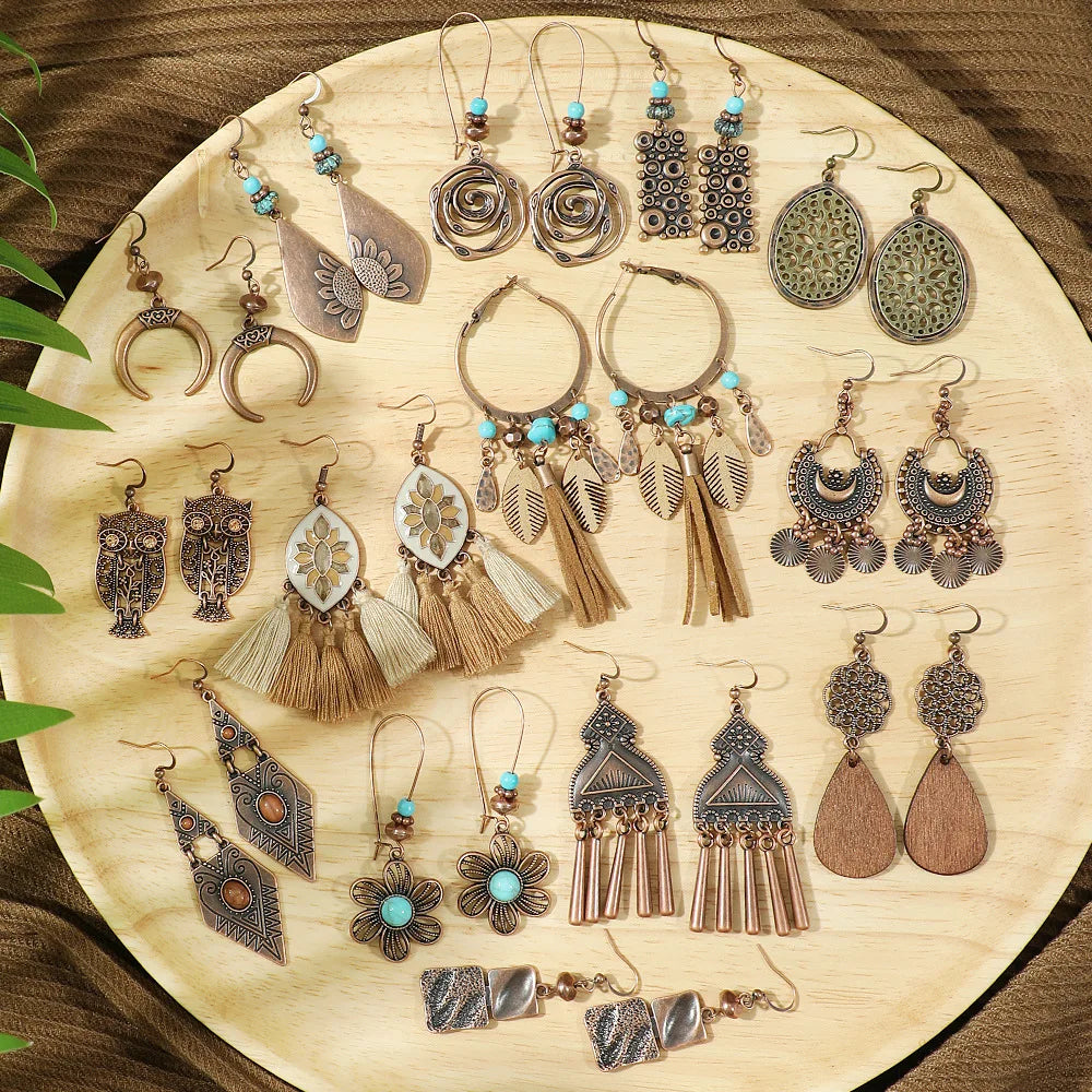 Brinco de gota geométrico boho vintage, borla étnica, contas azuis, flores, redondo, longo, pendurado, feminino, jhumka, joias indianas