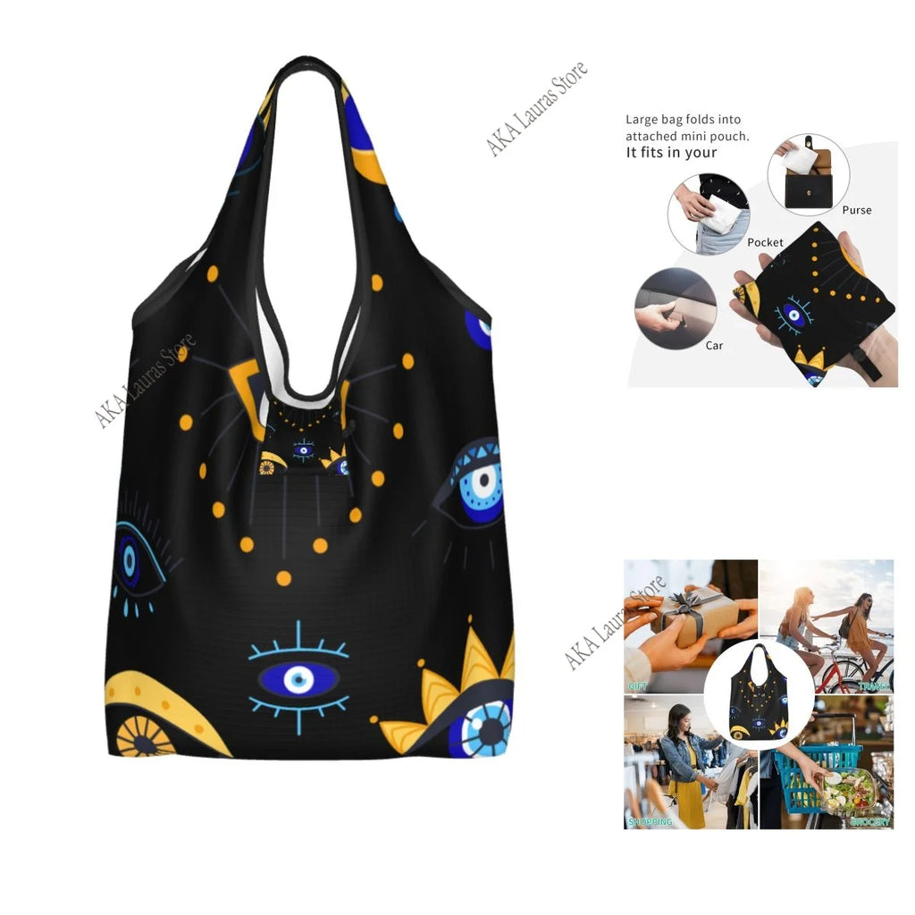 Bolsa de ombro mediterrânea azul e dourada mau olhado bolsa feminina sacola reutilizável bolsa grande