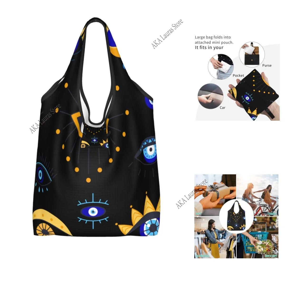 Bolsa de ombro mediterrânea azul e dourada mau olhado bolsa feminina sacola reutilizável bolsa grande