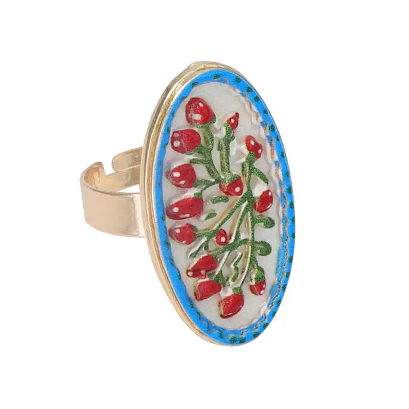 Anéis Ajustáveis de Estilo Francês Retro com Estampa Geométrica de Flores para Mulheres, Joias Artísticas Personalizadas