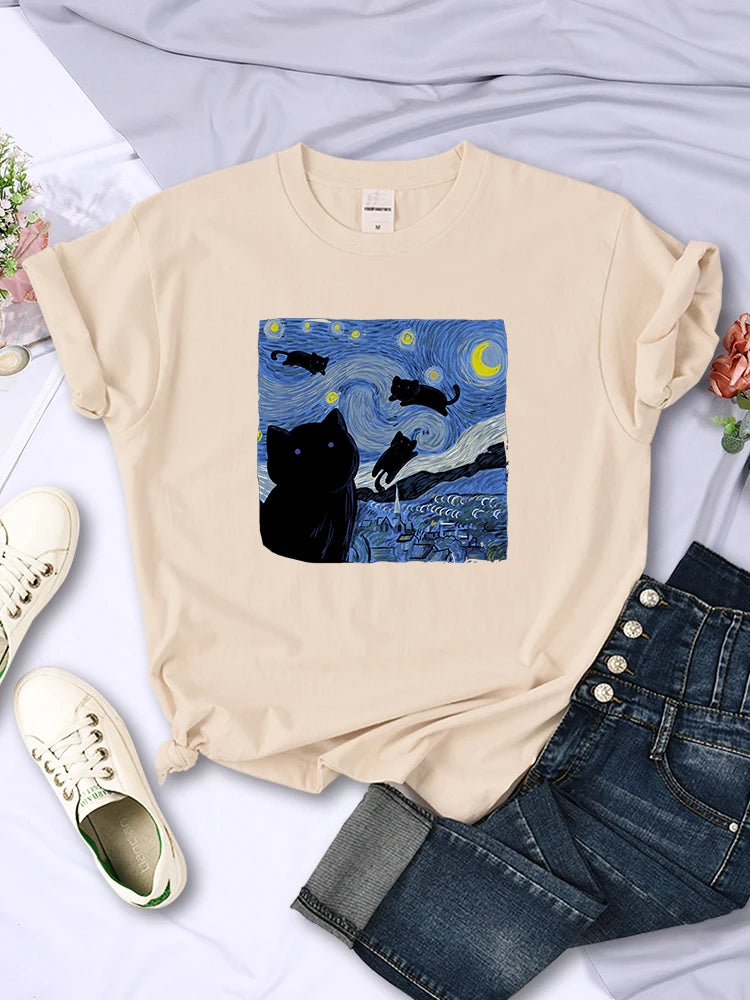 The Starry Cat Night Mulheres Camisetas Moda Respirável Legal Manga Curta Rua Hip Hop Tops Casual All-matemática Roupas Tee Feminino