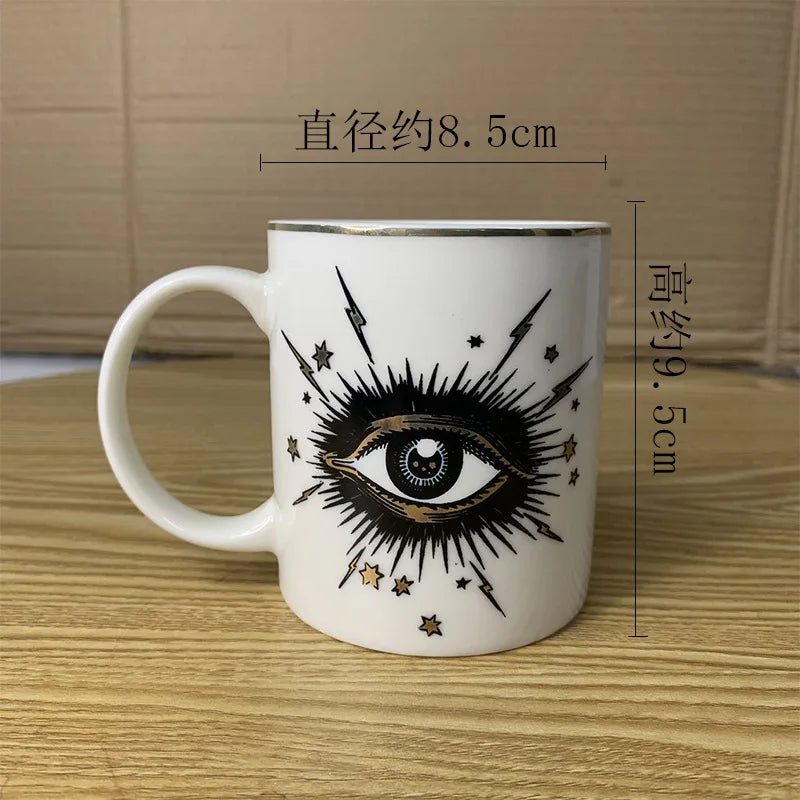 Copo de café cerâmico do olho abstrato com tampa, talheres, aromaterapia, vela, garrafa dos doces, criativo, decoração home