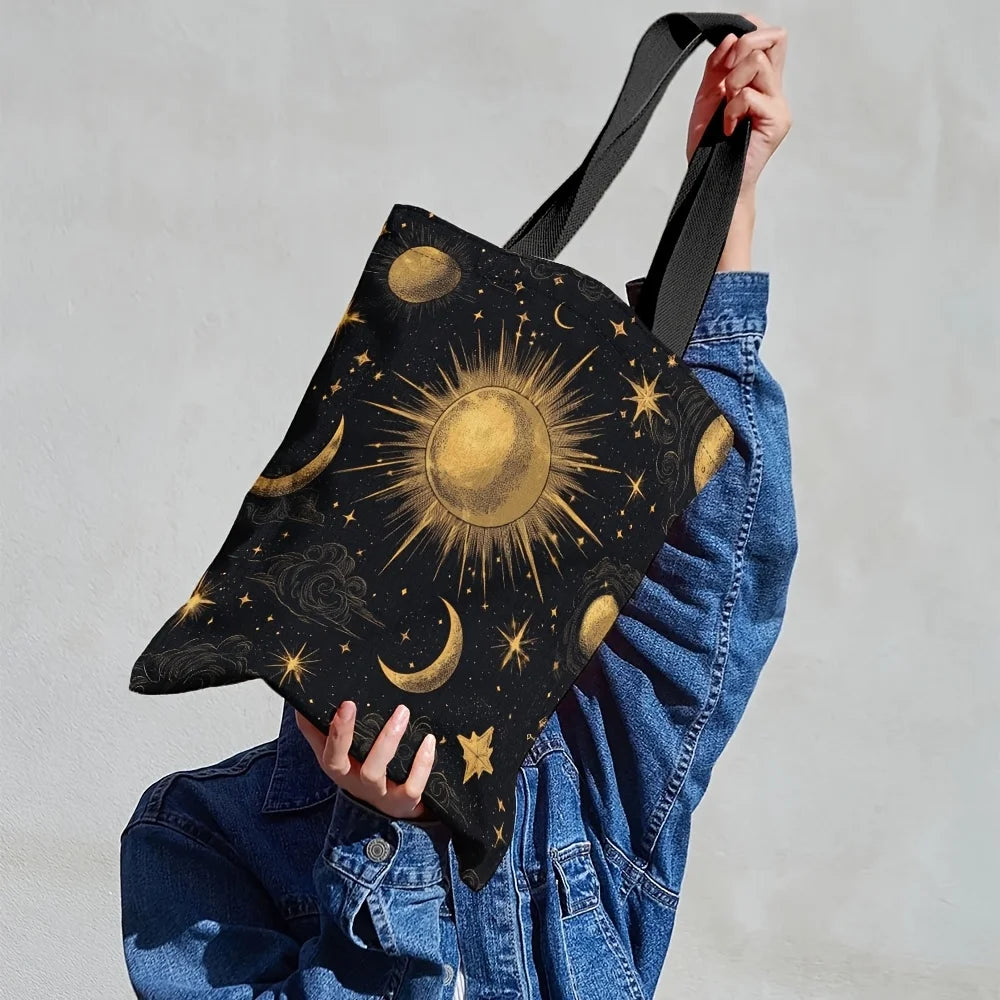 Bolsa de viagem de tarô celestial de 1 unidade – organizador de maquiagem lavável à mão com design de sol dourado, lua e estrelas