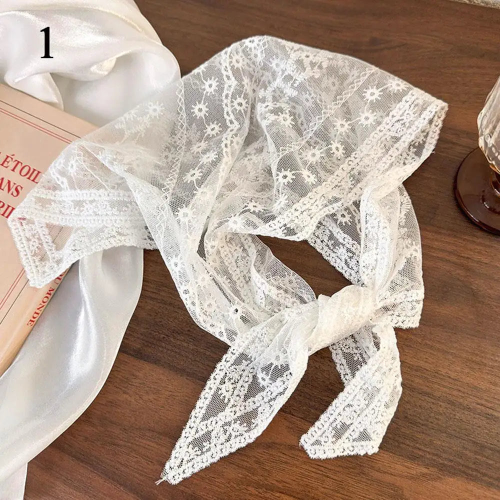 Retro laço triângulo lenço retro y2k bordado floral pescoço cachecol crochê lenço de cabelo bandanas para mulheres meninas lenço de renda