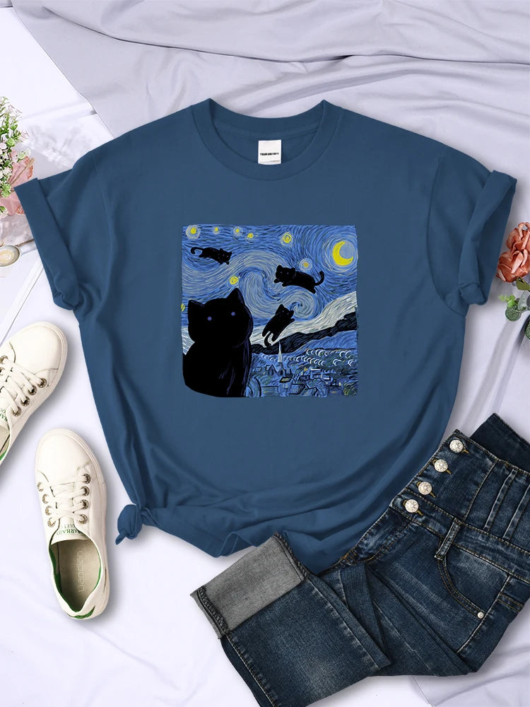 The Starry Cat Night Mulheres Camisetas Moda Respirável Legal Manga Curta Rua Hip Hop Tops Casual All-matemática Roupas Tee Feminino