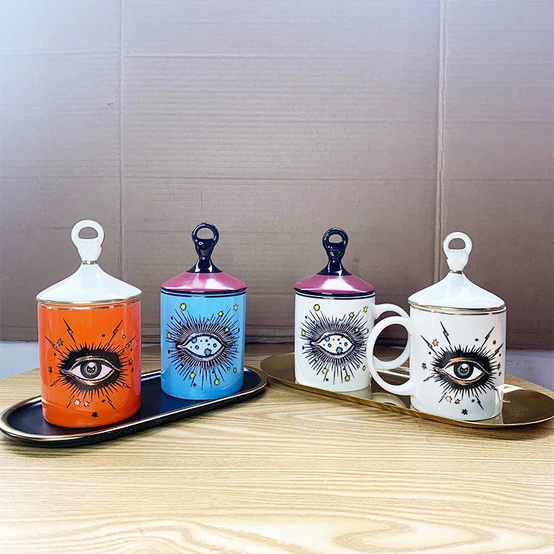 Copo de café cerâmico do olho abstrato com tampa, talheres, aromaterapia, vela, garrafa dos doces, criativo, decoração home