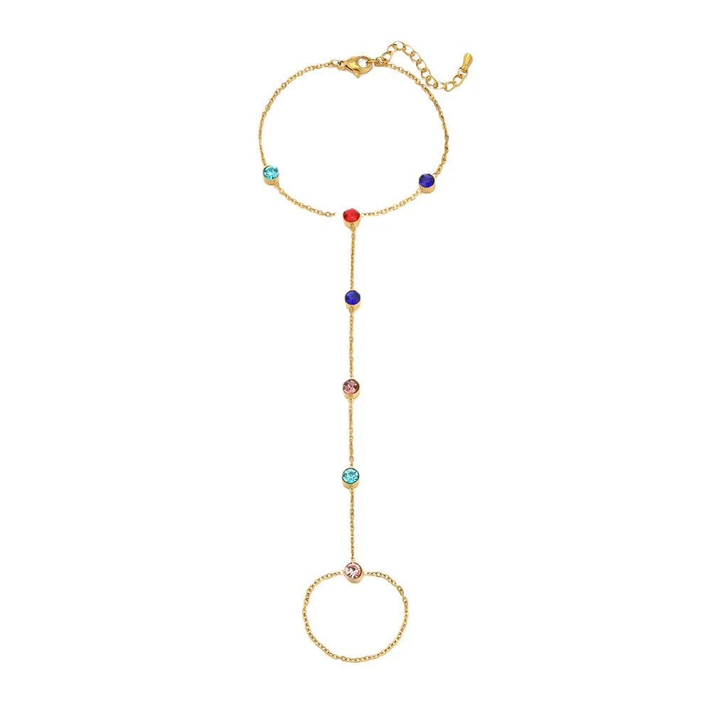 Colorido diamante dedo cadeia set para mulheres, geométrica aço inoxidável jóias, festa de casamento