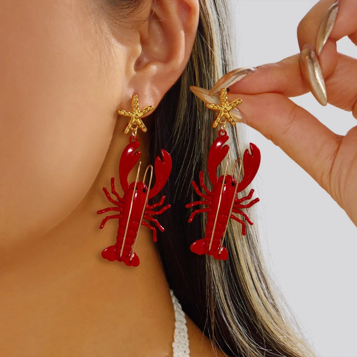Brincos Criativos e Exagerados de Lagosta com Strass Vermelhos para Mulheres e Homens, Joias de Festa Brilhantes e Modernas com Tema de Animais Marinhos para o Verão