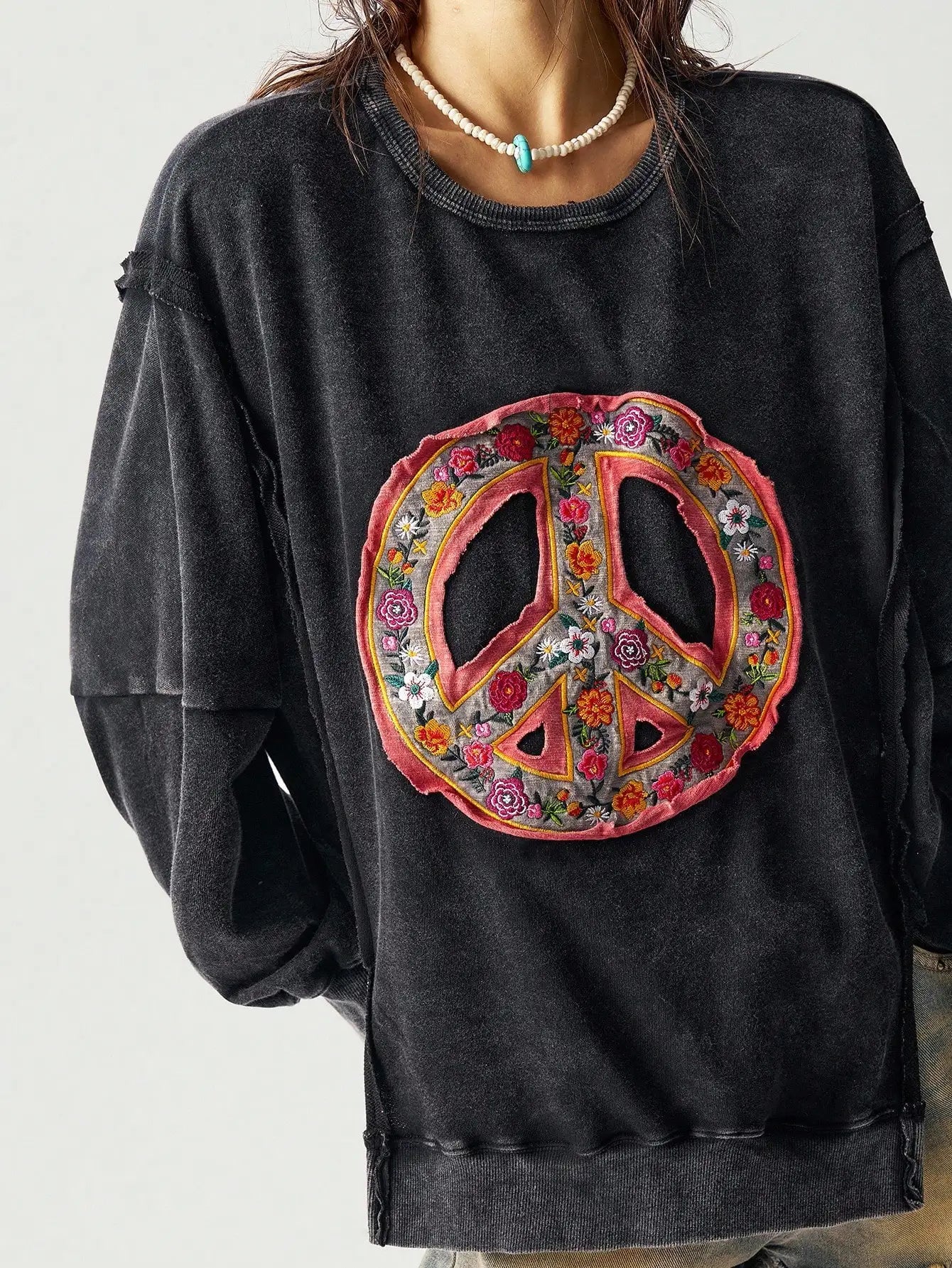 Moletom Cropped Bordado com Símbolo da Paz Floral Boho para Mulheres, Top Casual de Outono Inverno