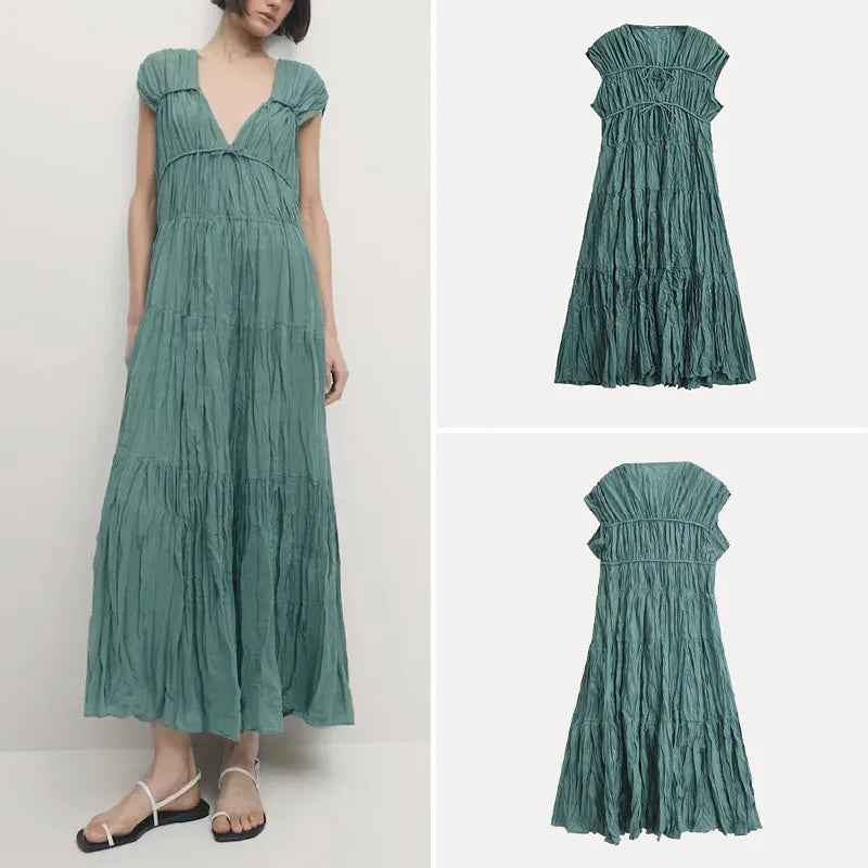 Vestido plissado folha