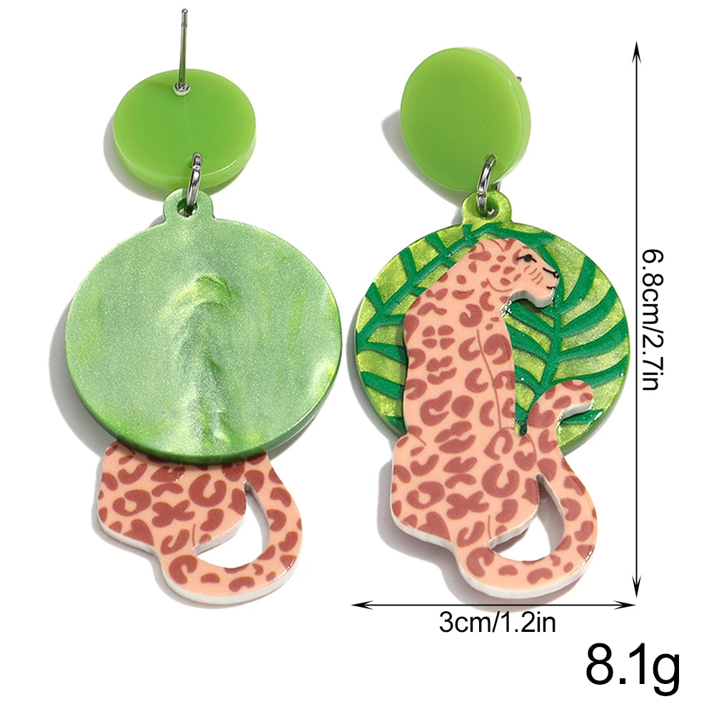 Novo leopardo dos desenhos animados acrílico impressão brincos para mulheres engraçado cheetah tartaruga folha animal pendurado brinco festa jóias presentes