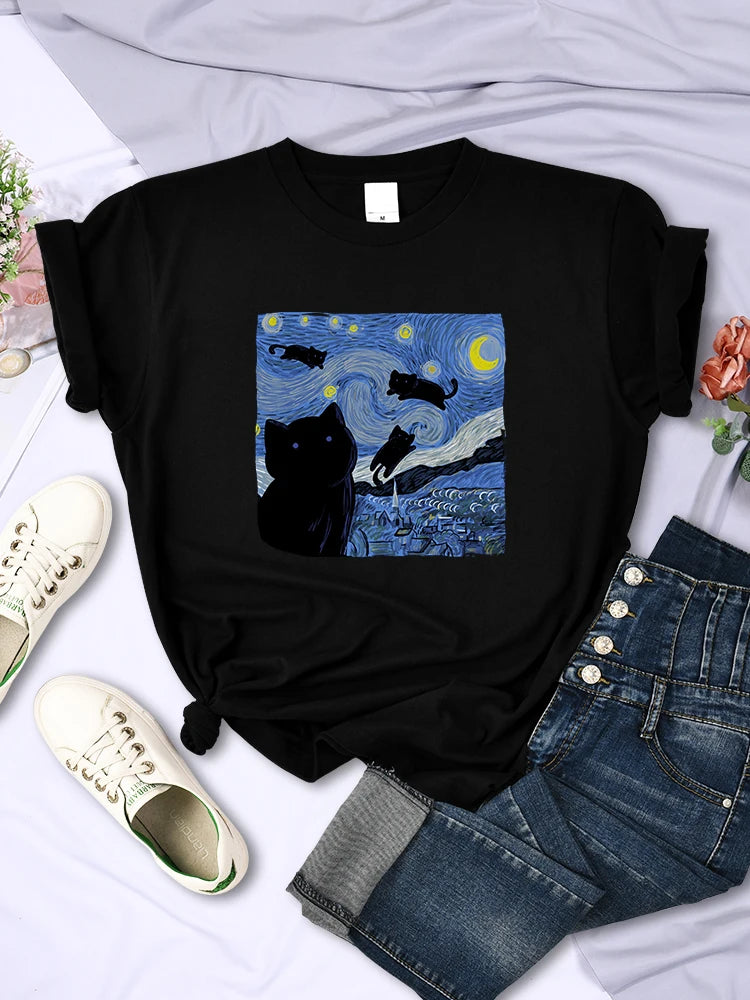 The Starry Cat Night Mulheres Camisetas Moda Respirável Legal Manga Curta Rua Hip Hop Tops Casual All-matemática Roupas Tee Feminino