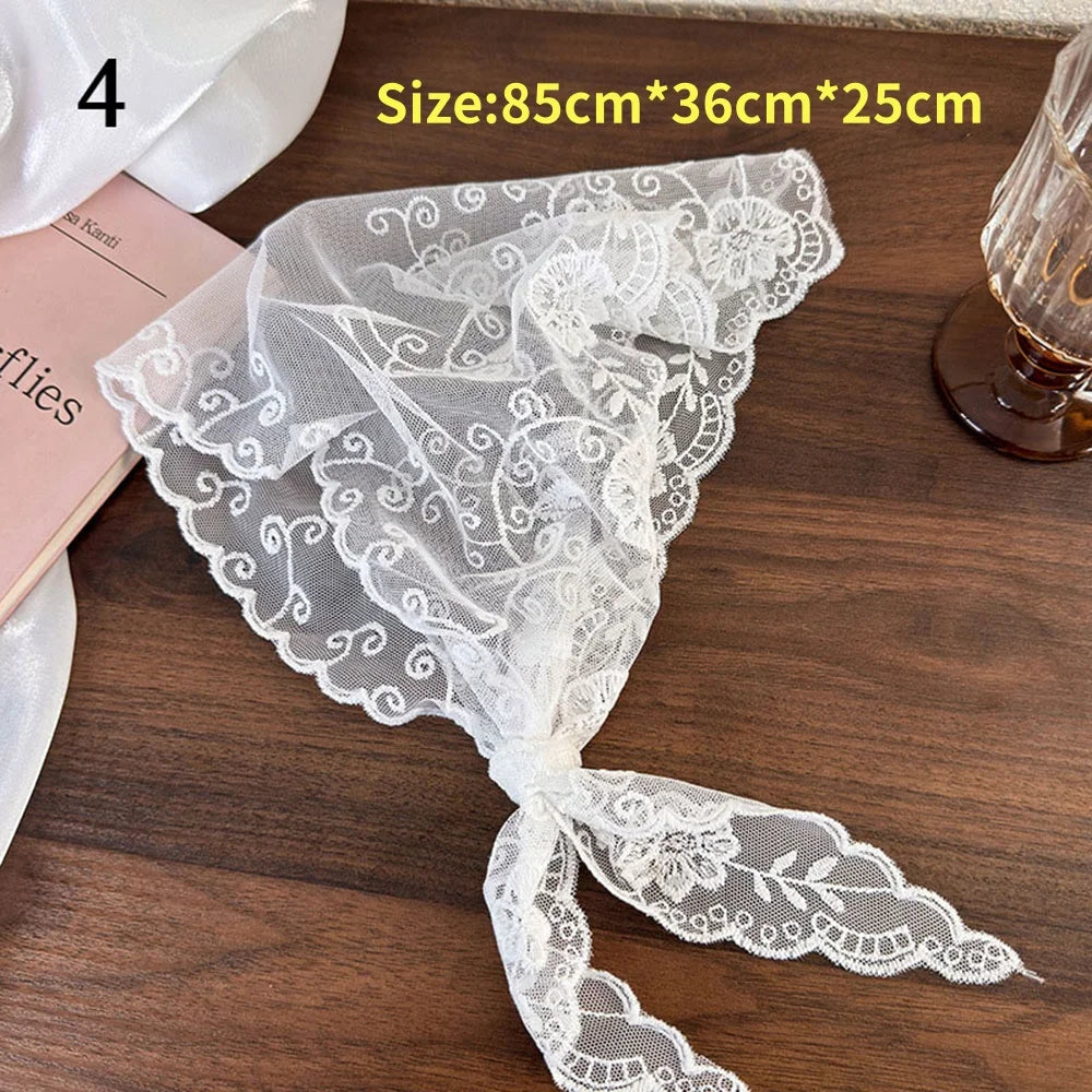 Retro laço triângulo lenço retro y2k bordado floral pescoço cachecol crochê lenço de cabelo bandanas para mulheres meninas lenço de renda