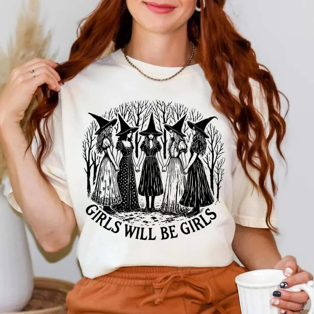 Meninas serão meninas bruxa feminista impresso em torno do pescoço retro camiseta casual manga curta verão moda estilo camiseta feminina topo