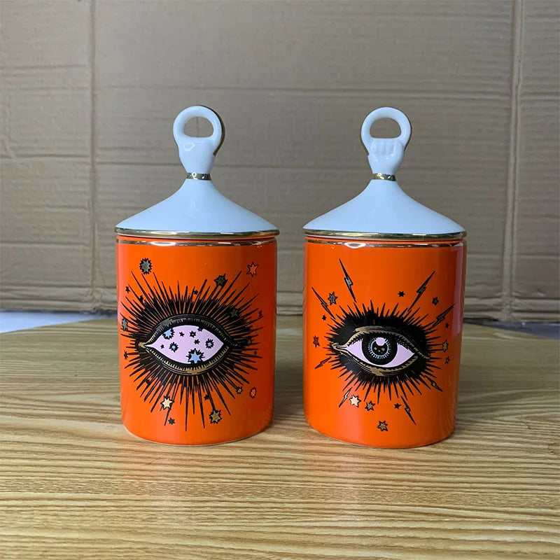 Copo de café cerâmico do olho abstrato com tampa, talheres, aromaterapia, vela, garrafa dos doces, criativo, decoração home