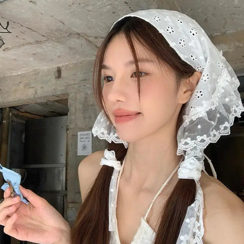 Retro laço triângulo lenço retro y2k bordado floral pescoço cachecol crochê lenço de cabelo bandanas para mulheres meninas lenço de renda
