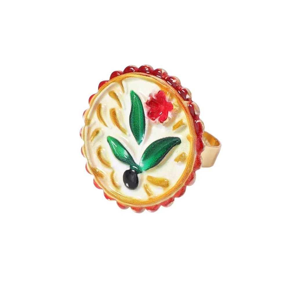 Anel de Metal Vintage Geométrico em Liga de Zinco com Estampa de Romã e Flor Esmaltada, Estilo Étnico, Formato Irregular e Redondo, em Formato de Coração