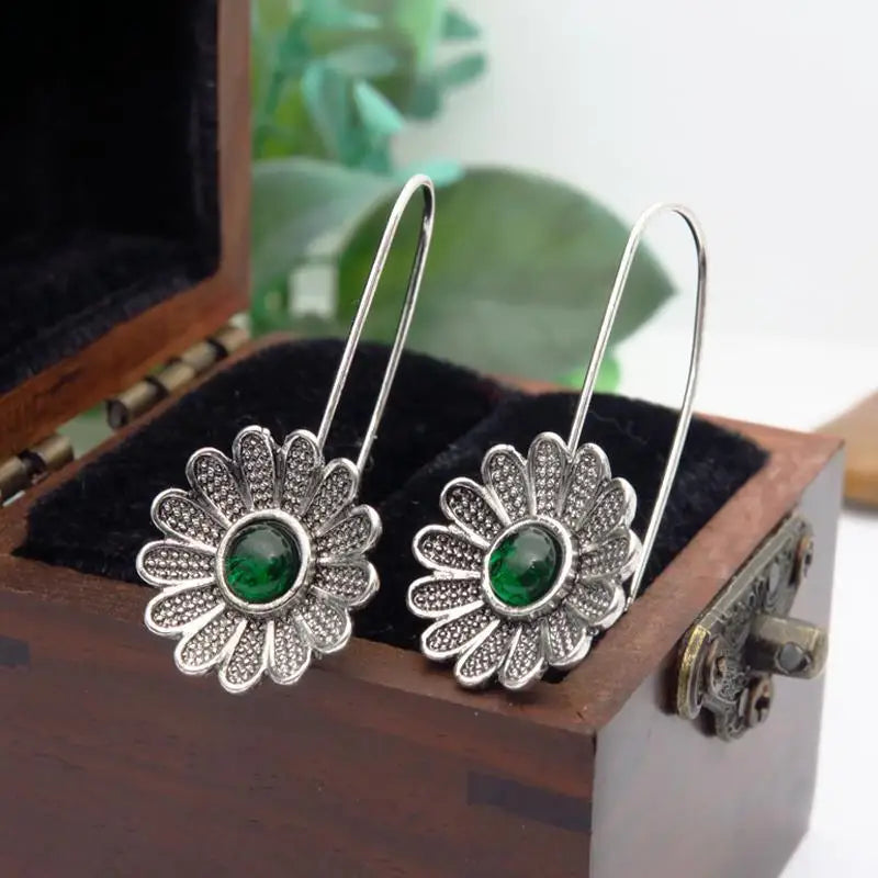 Brincos vintage cor prata para mulheres, flor verde, joias femininas, novo personalizado
