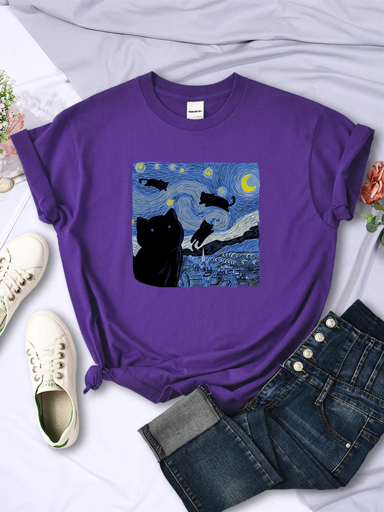 The Starry Cat Night Mulheres Camisetas Moda Respirável Legal Manga Curta Rua Hip Hop Tops Casual All-matemática Roupas Tee Feminino