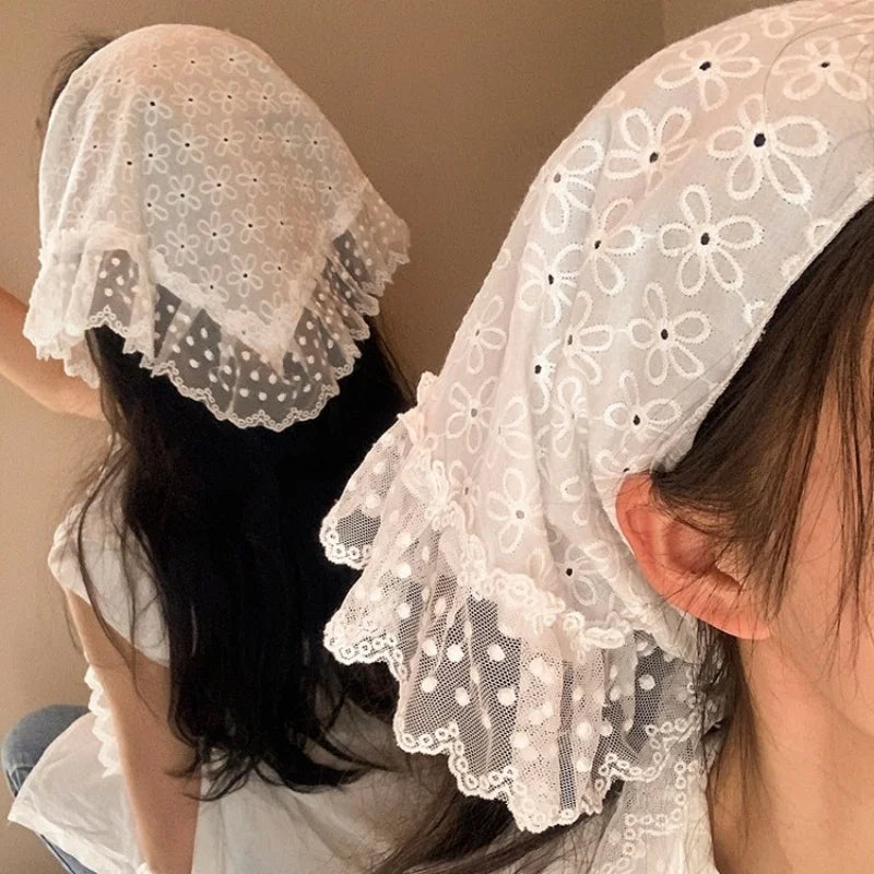 Retro laço triângulo lenço retro y2k bordado floral pescoço cachecol crochê lenço de cabelo bandanas para mulheres meninas lenço de renda