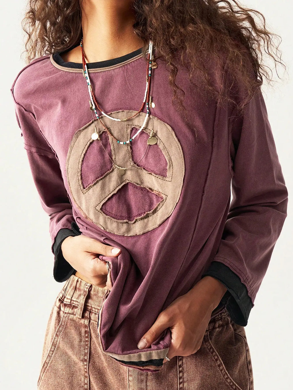 Moletom Vintage com Estampa de Símbolo da Paz, Manga Longa, Ajuste Solto, Top Casual para Outono e Inverno Feminino