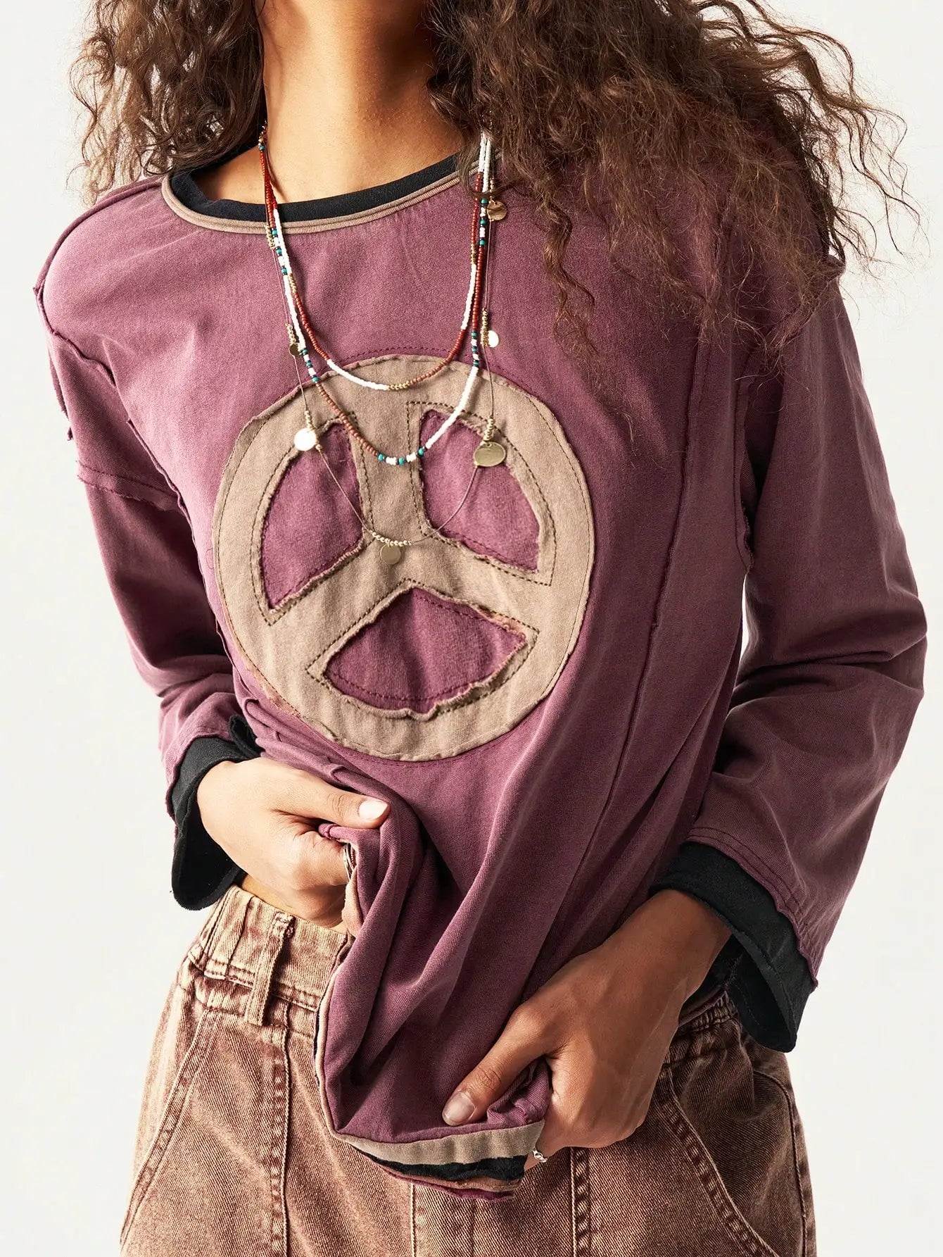 Moletom Vintage com Estampa de Símbolo da Paz, Manga Longa, Ajuste Solto, Top Casual para Outono e Inverno Feminino