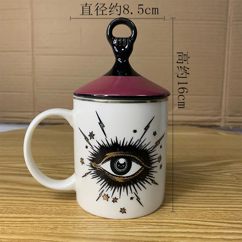 Copo de café cerâmico do olho abstrato com tampa, talheres, aromaterapia, vela, garrafa dos doces, criativo, decoração home