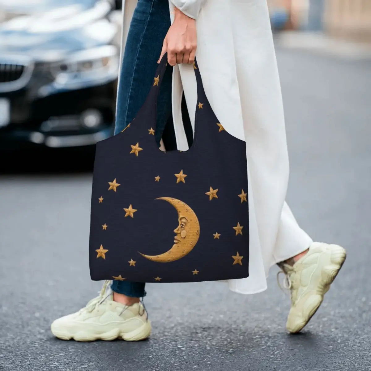 Lua Ouro Vintage e Estrelas Tote Saco De Compras, Impressão Kawaii Personalizado, Bolsa De Ombro Shopper Reutilizável Canvas