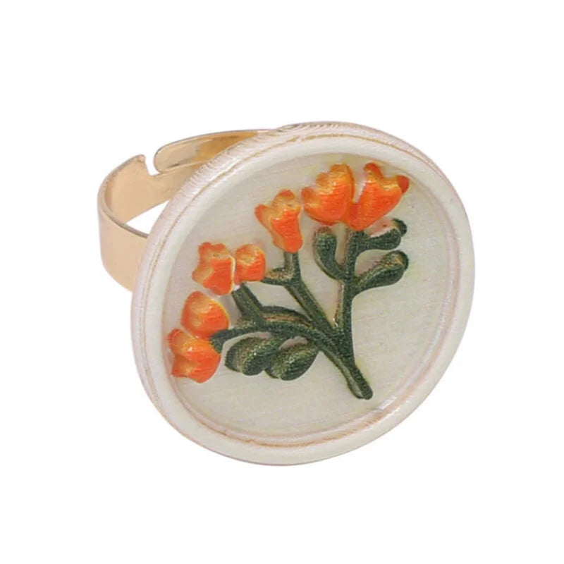 Anéis Ajustáveis de Estilo Francês Retro com Estampa Geométrica de Flores para Mulheres, Joias Artísticas Personalizadas