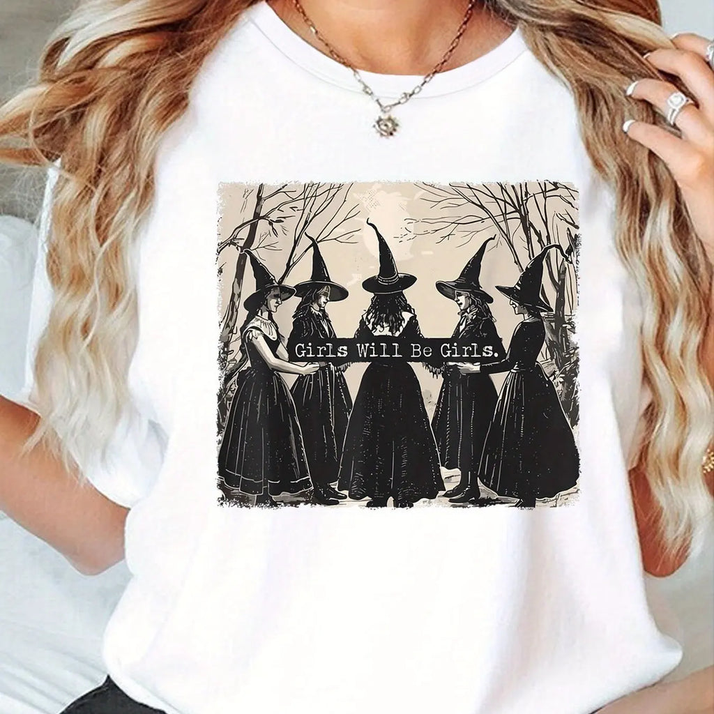 Meninas vou ser meninas bruxa na floresta impressão esporte tripulação pescoço camisetas primavera verão manga curta camisetas femininas topos camisa