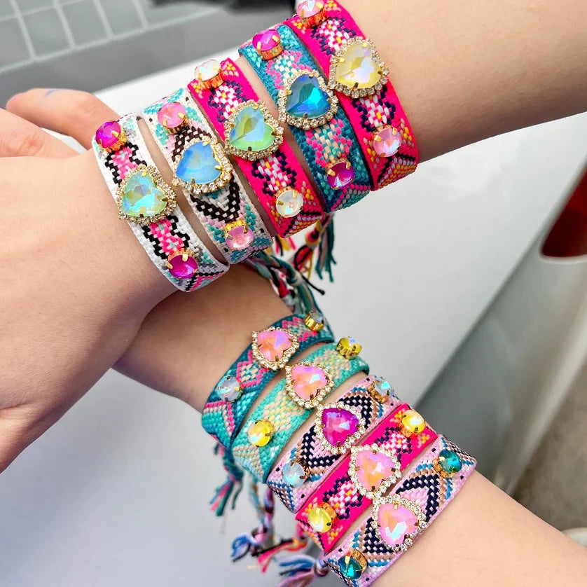 5 peças, coração cristal tecer pulseira amizade boêmio vintage corda de algodão corda étnica arco-íris boho tecido trançado pulseiras