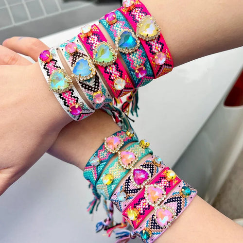 5 peças, coração cristal tecer pulseira amizade boêmio vintage corda de algodão corda étnica arco-íris boho tecido trançado pulseiras