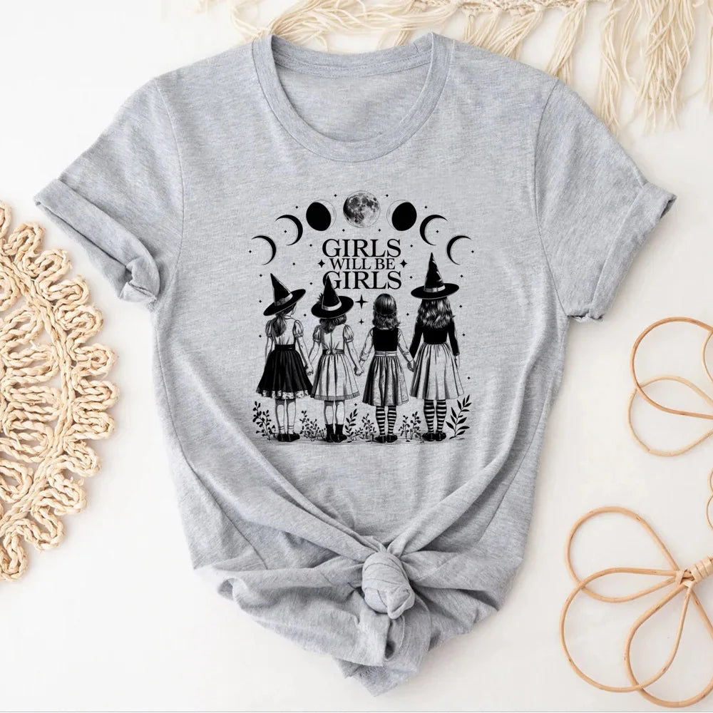 Meninas serão meninas bruxa topo t feminino 80s punk respirável streetwear estética camiseta retro 2000s pastel confortável