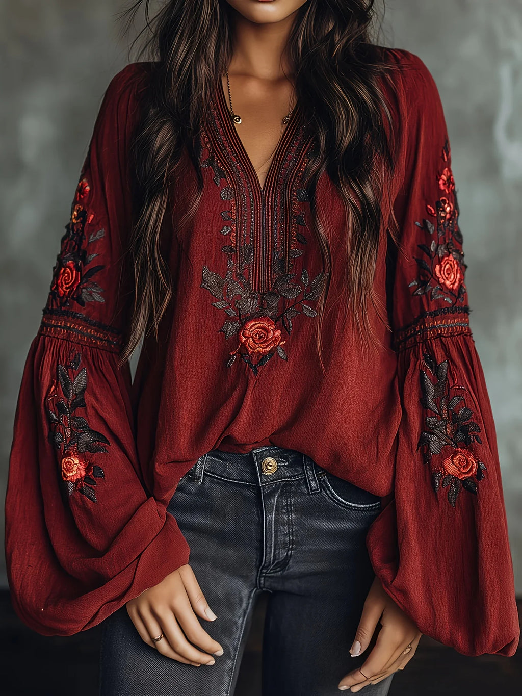 Blusa Boho Bordado Floral oversized