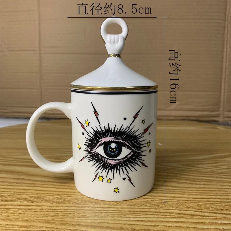 Copo de café cerâmico do olho abstrato com tampa, talheres, aromaterapia, vela, garrafa dos doces, criativo, decoração home